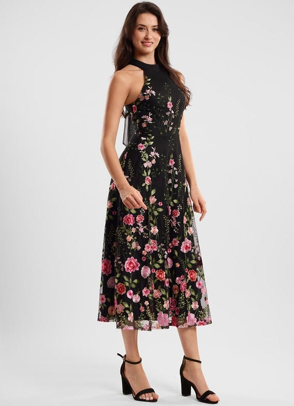 Robe Trapèze Fleurie Noire - gallery 2
