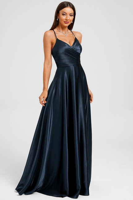 Robe Trapèze Satin Bleu Profond - gallery 5