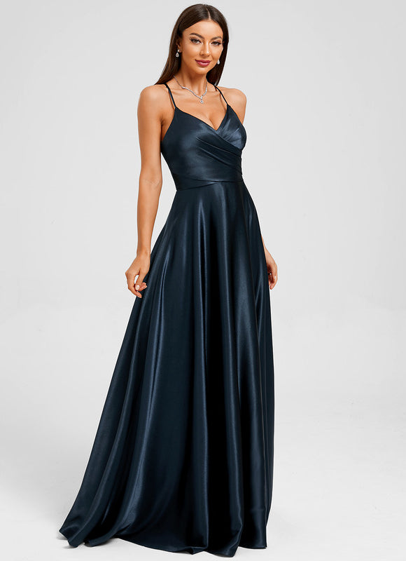 Robe Trapèze Satin Bleu Profond - gallery 5