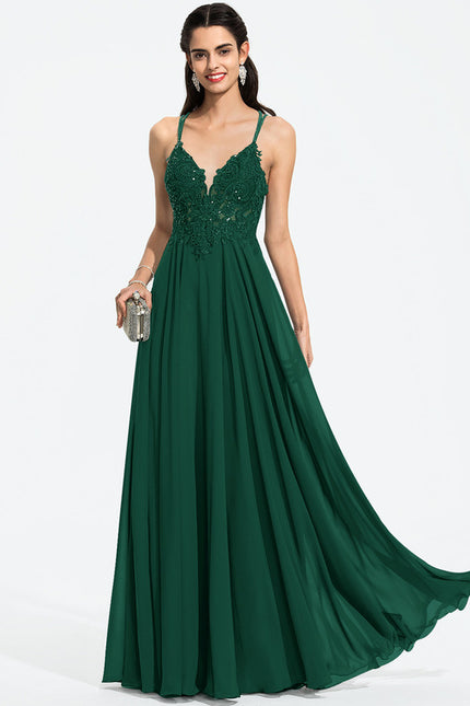 Robe Trapèze Verte En Mousseline Avec Perles Et Paillettes