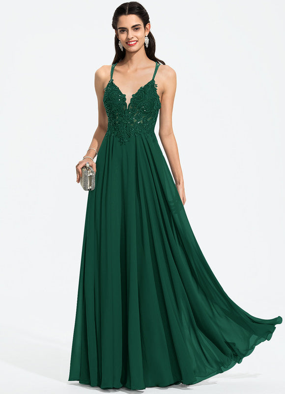 Robe Trapèze Verte En Mousseline Avec Perles Et Paillettes