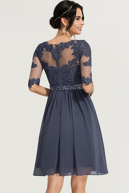 Robe Trapèze Bleue Dentelle Perles Cocktail - gallery 2
