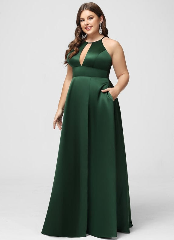 Robe Trapèze Vert Satin Longue - gallery 9