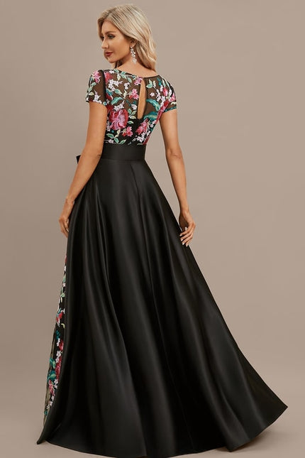 Robe Trapèze Noire Fleurie Satin Dentelle - gallery 4