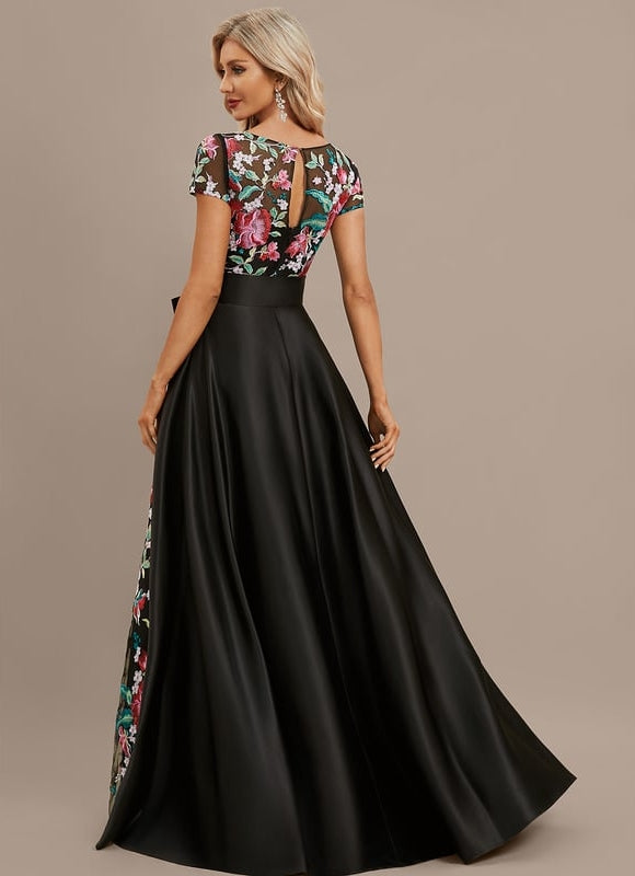 Robe Trapèze Noire Fleurie Satin Dentelle - gallery 4