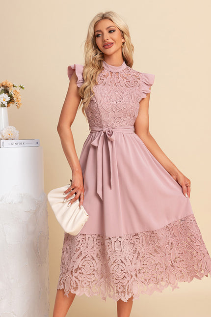 Robe Trapèze Rose Dentelle - gallery 1