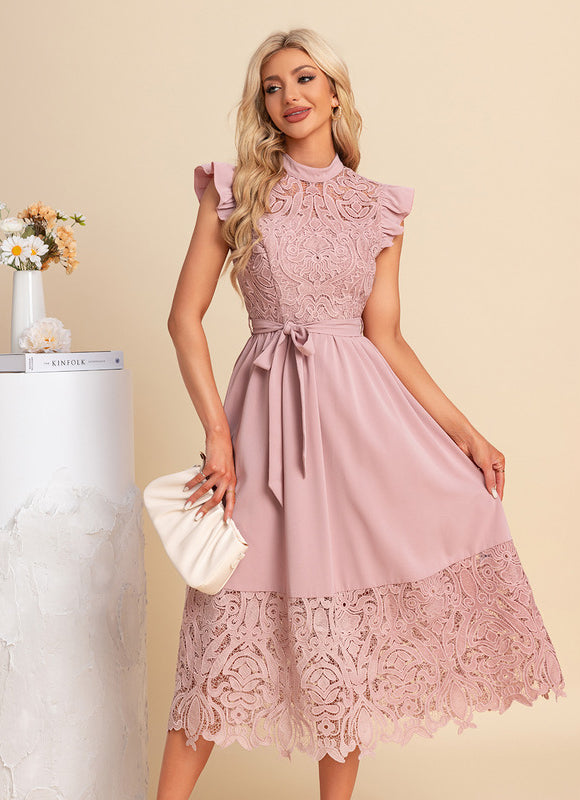 Robe Trapèze Rose Dentelle - gallery 1