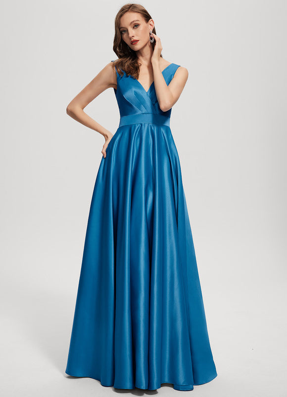 Robe Trapèze Bleu Satin Longue De Soirée - gallery 2