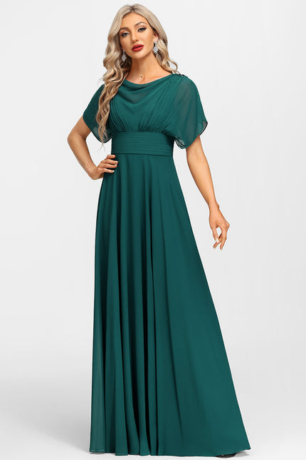 Robe Trapèze Verte Soirée Plissée Perlée - gallery 3