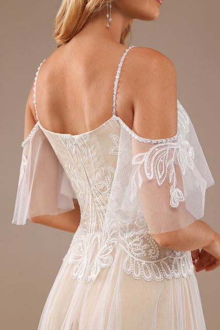 Robe Trapèze Blanche Dentelle Tulle Volants - gallery 5