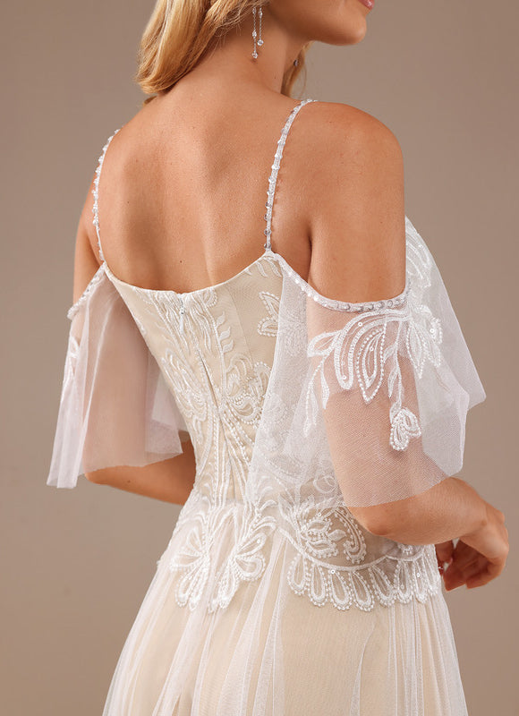 Robe Trapèze Blanche Dentelle Tulle Volants - gallery 5