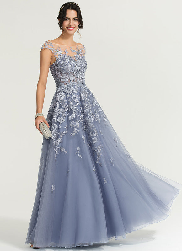 Robe Trapèze Bleu Pastel Soirée Longue En Tulle And Dentelle - gallery 4