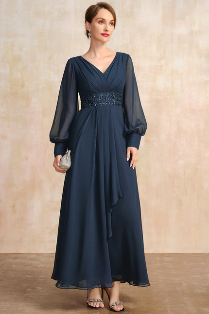 Robe Trapèze Bleu Marine Longue Mousseline Volants Perles Paillettes - gallery 4