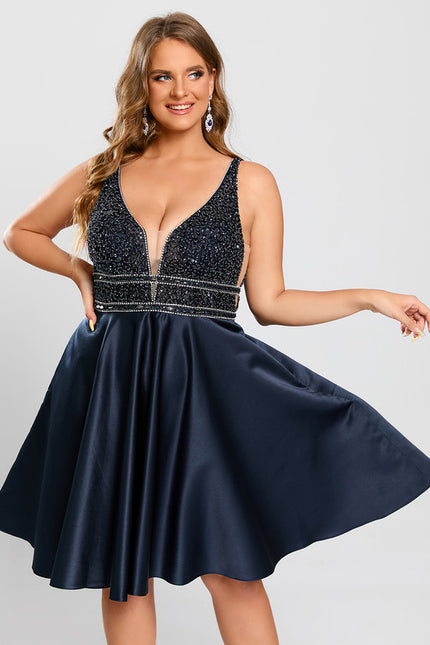 Robe Trapèze Bleu Marine Satin Perles Paillettes - gallery 5