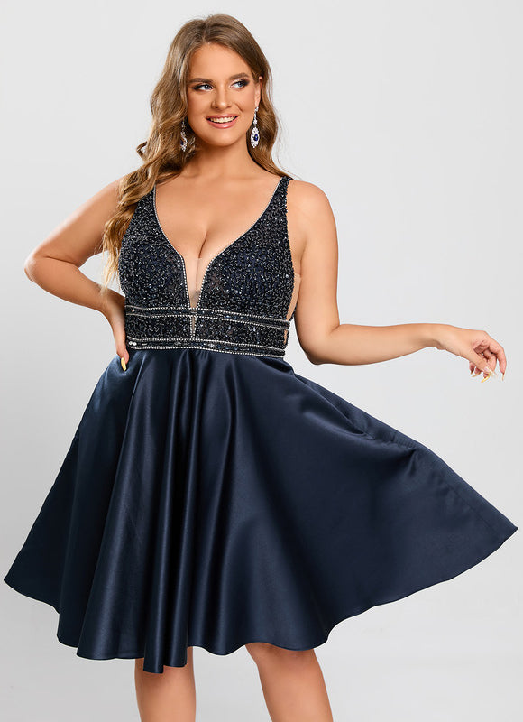 Robe Trapèze Bleu Marine Satin Perles Paillettes - gallery 5