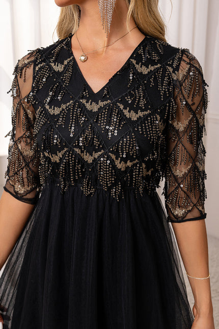 Robe Trapèze Noir Pailleté Élégant - gallery 2