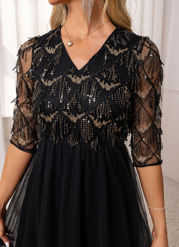 Robe Trapèze Noir Pailleté Élégant - gallery 2