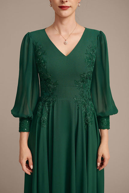 Robe Trapèze Verte En Mousseline Et Dentelle - gallery 6