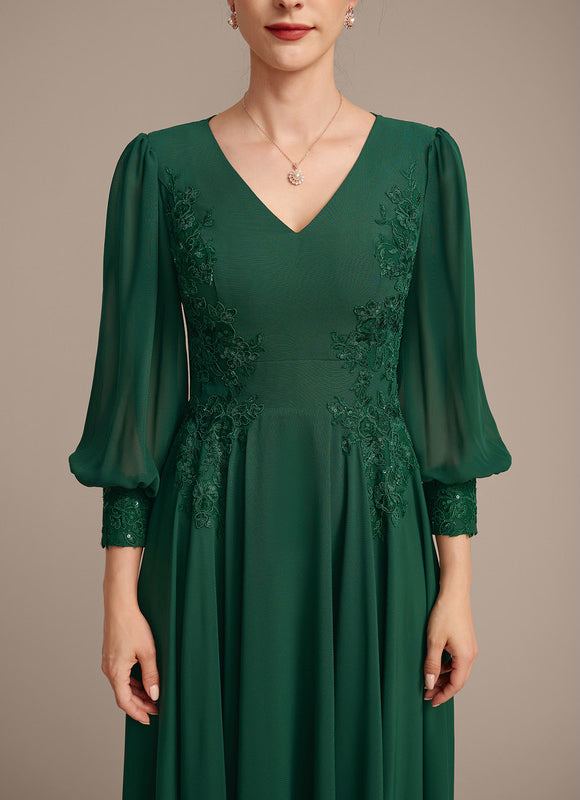 Robe Trapèze Verte En Mousseline Et Dentelle - gallery 6