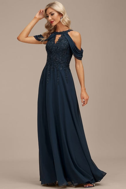 Robe Trapèze Bleu Marine Soiréeà Paillettes - gallery 1
