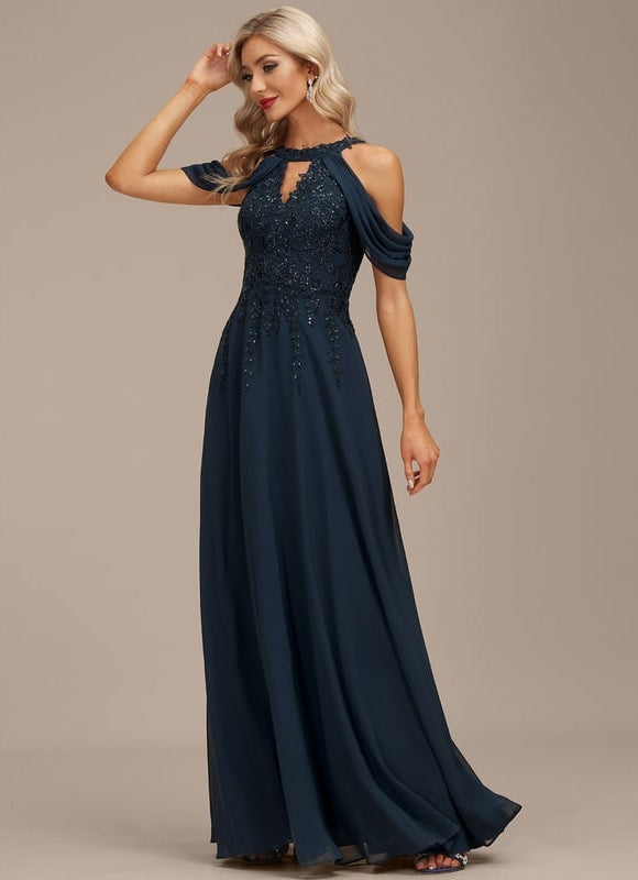 Robe Trapèze Bleu Marine Soiréeà Paillettes - gallery 1
