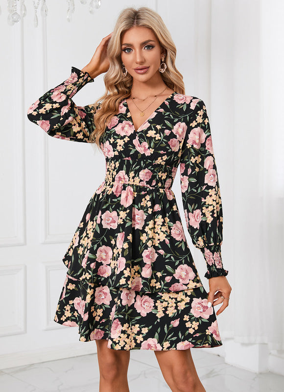 Robe Trapèze Fleurie Noire - gallery 4