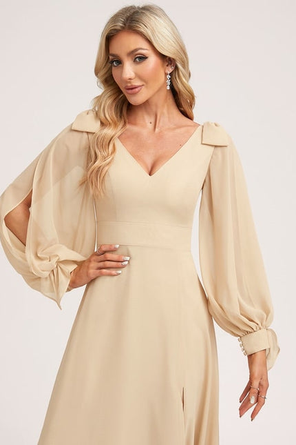 Robe Trapèze Beige Mousseline Avec Nœud - gallery 4