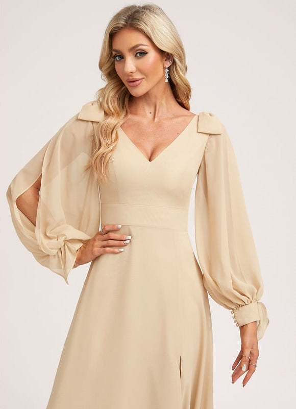 Robe Trapèze Beige Mousseline Avec Nœud - gallery 4