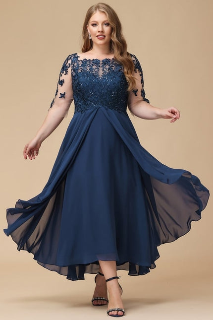 Robe Trapèze Bleu Marine Dentelle Mousseline - gallery 8