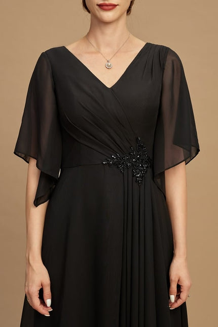 Robe Trapèze Noire Mousseline Longues Volants Paillettes - gallery 2