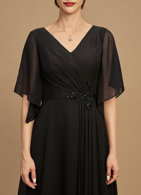 Robe Trapèze Noire Mousseline Longues Volants Paillettes - gallery 2