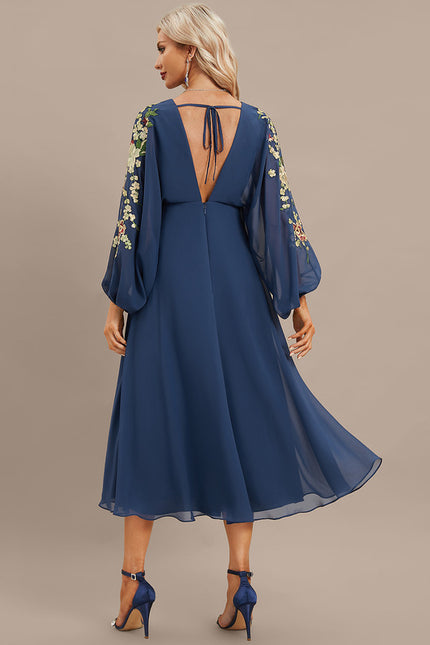 Robe Trapèze Bleue Marine Florale Dentelle Soirée - gallery 6