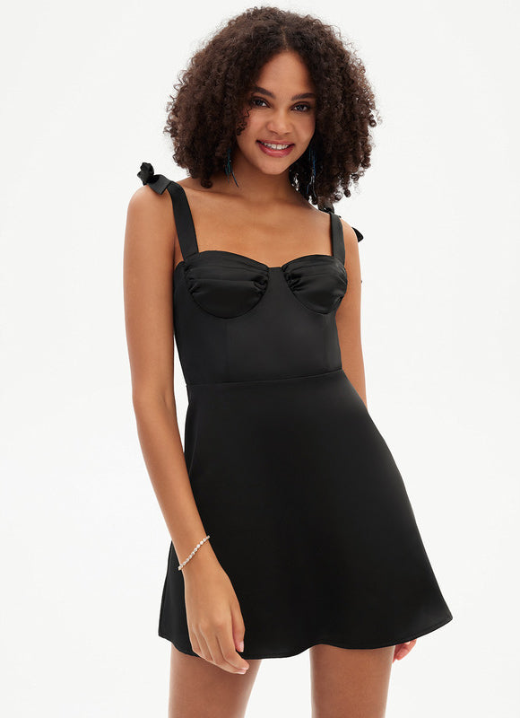Robe Trapèze Noir Satiné - gallery 6
