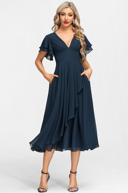 Robe Trapèze Bleu Marine Mousseline Volants - gallery 7