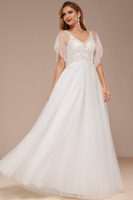 Robe Trapèze Blanche En Tulle Et Dentelle - gallery 3