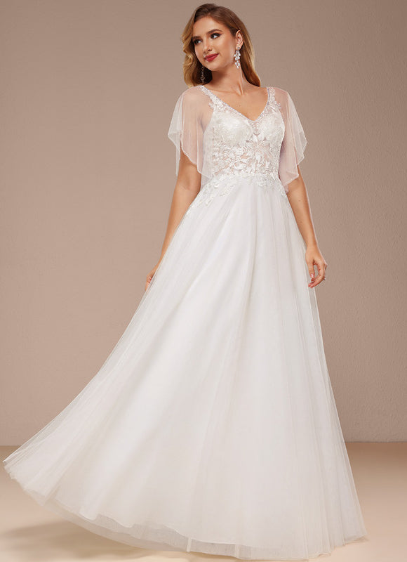 Robe Trapèze Blanche En Tulle Et Dentelle - gallery 3