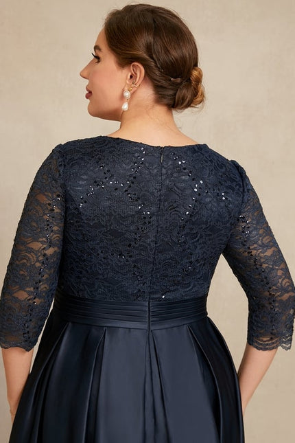 Robe Trapèze Bleu Marine En Dentelle Satiné - gallery 5