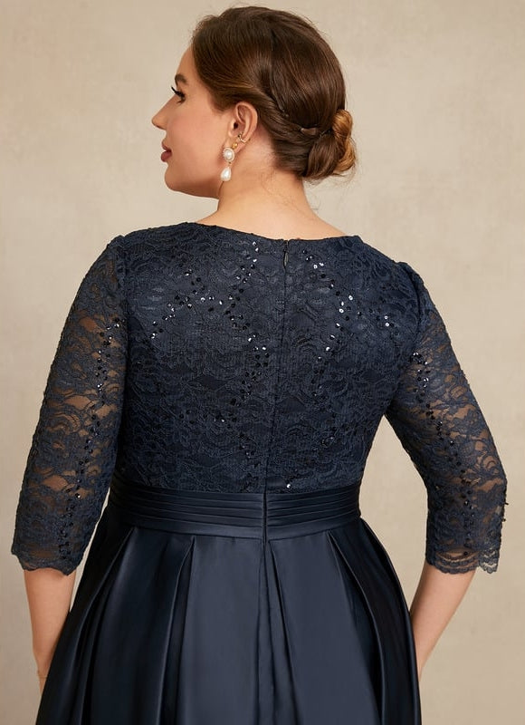 Robe Trapèze Bleu Marine En Dentelle Satiné - gallery 5