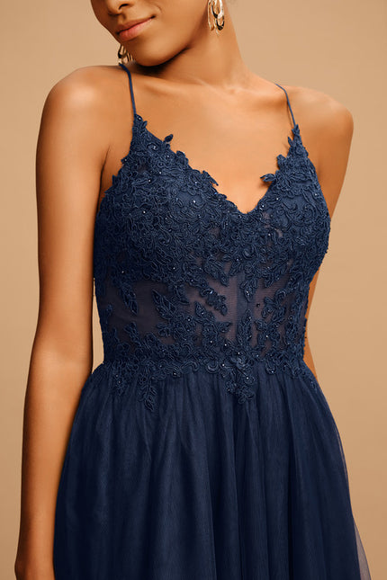 Robe Trapèze Bleu Marine Tulle Longue Strass - gallery 5