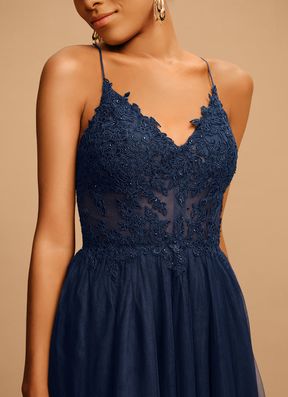 Robe Trapèze Bleu Marine Tulle Longue Strass - gallery 5