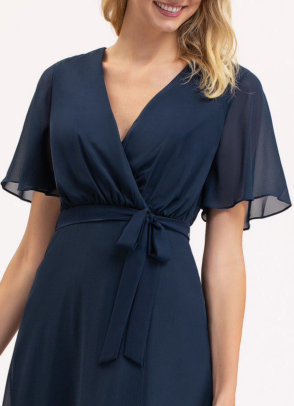 Robe Trapèze Bleu Marine Asymétrique Mousseline - gallery 4