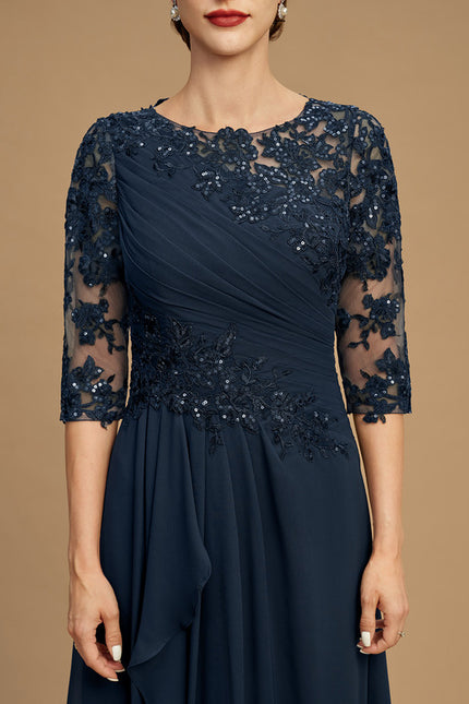 Robe Trapèze Bleue Marine Longue Dentelle - gallery 2