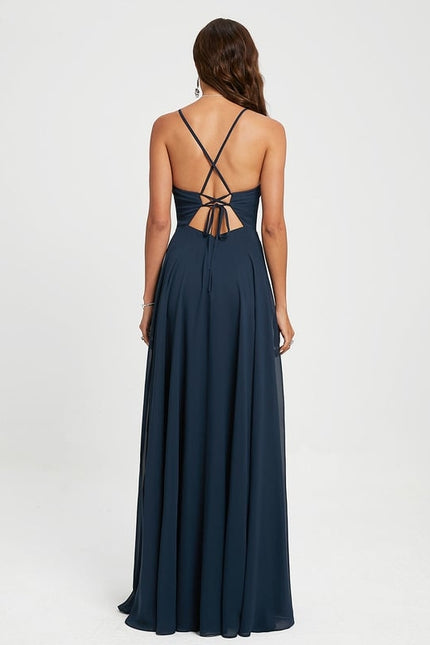 Robe Trapèze Bleue Marine Dentelle Mousseline Soirée - gallery 1