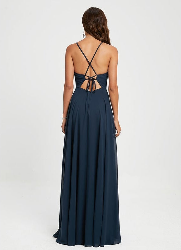 Robe Trapèze Bleue Marine Dentelle Mousseline Soirée - gallery 1