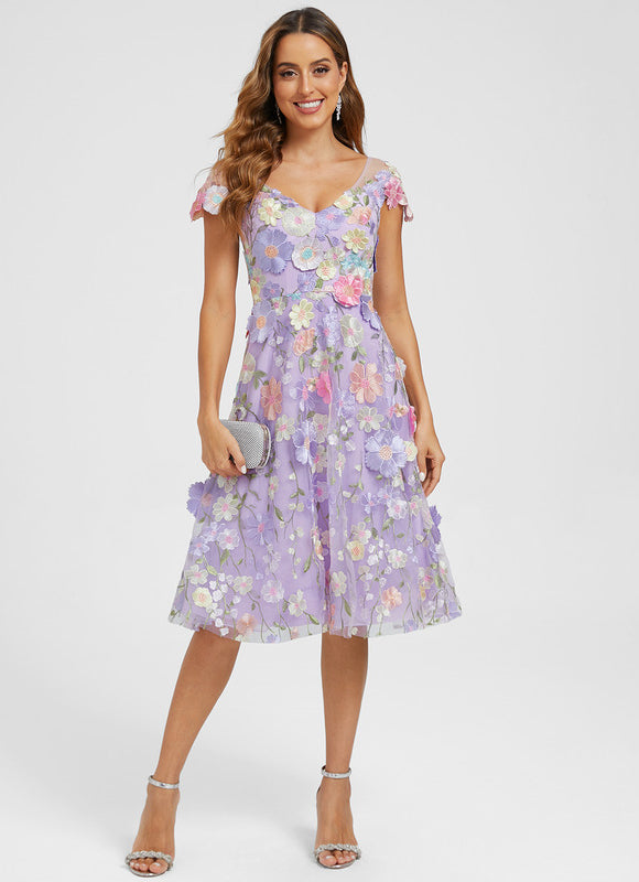 Robe Trapèze Violette Floral Dentelle 3D - gallery 5