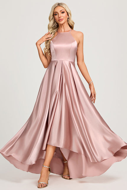 Robe Trapèze Satin Rose Clair Élégante