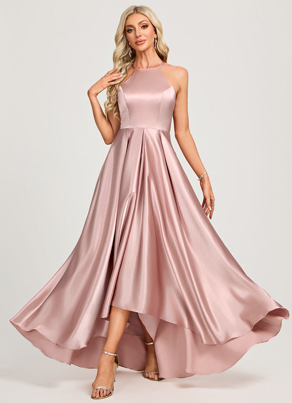 Robe Trapèze Satin Rose Clair Élégante