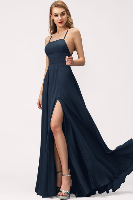 Robe Trapèze Bleue Soirée Longue Slit - gallery 3