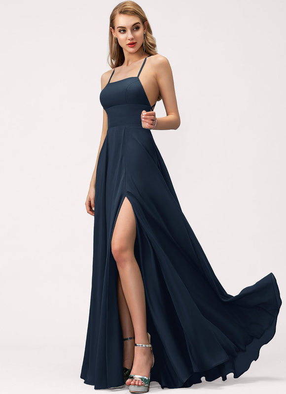 Robe Trapèze Bleue Soirée Longue Slit - gallery 3