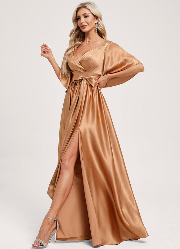 Robe Trapèze Satin Doré Élégante - gallery 1